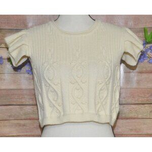 Shein Cream Cable Knit Crop Sweater Size XS Flutter Sleeve Neutral Casual